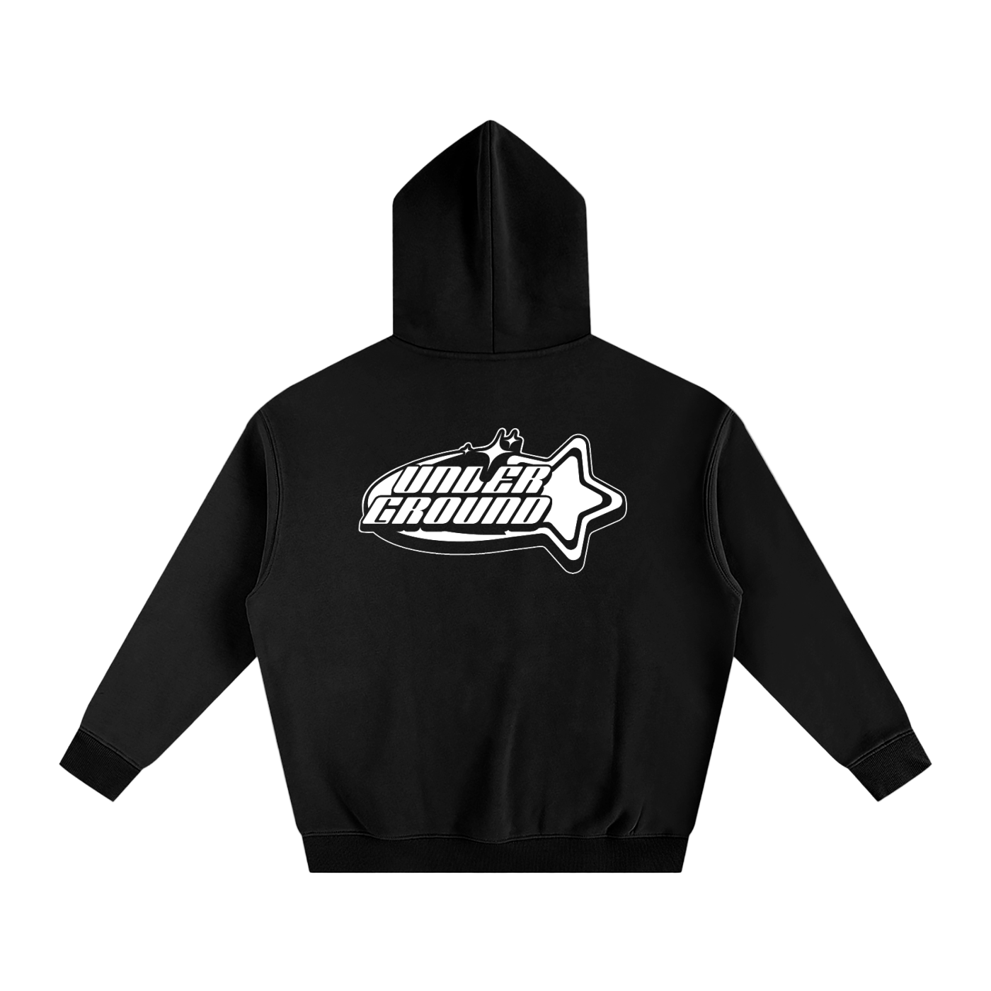 Black hoodie with a white logo on the back against a white background