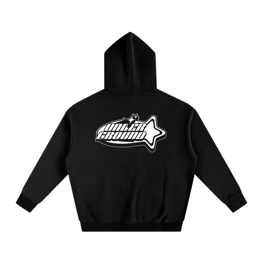 Black hoodie with a white logo on the back against a white background