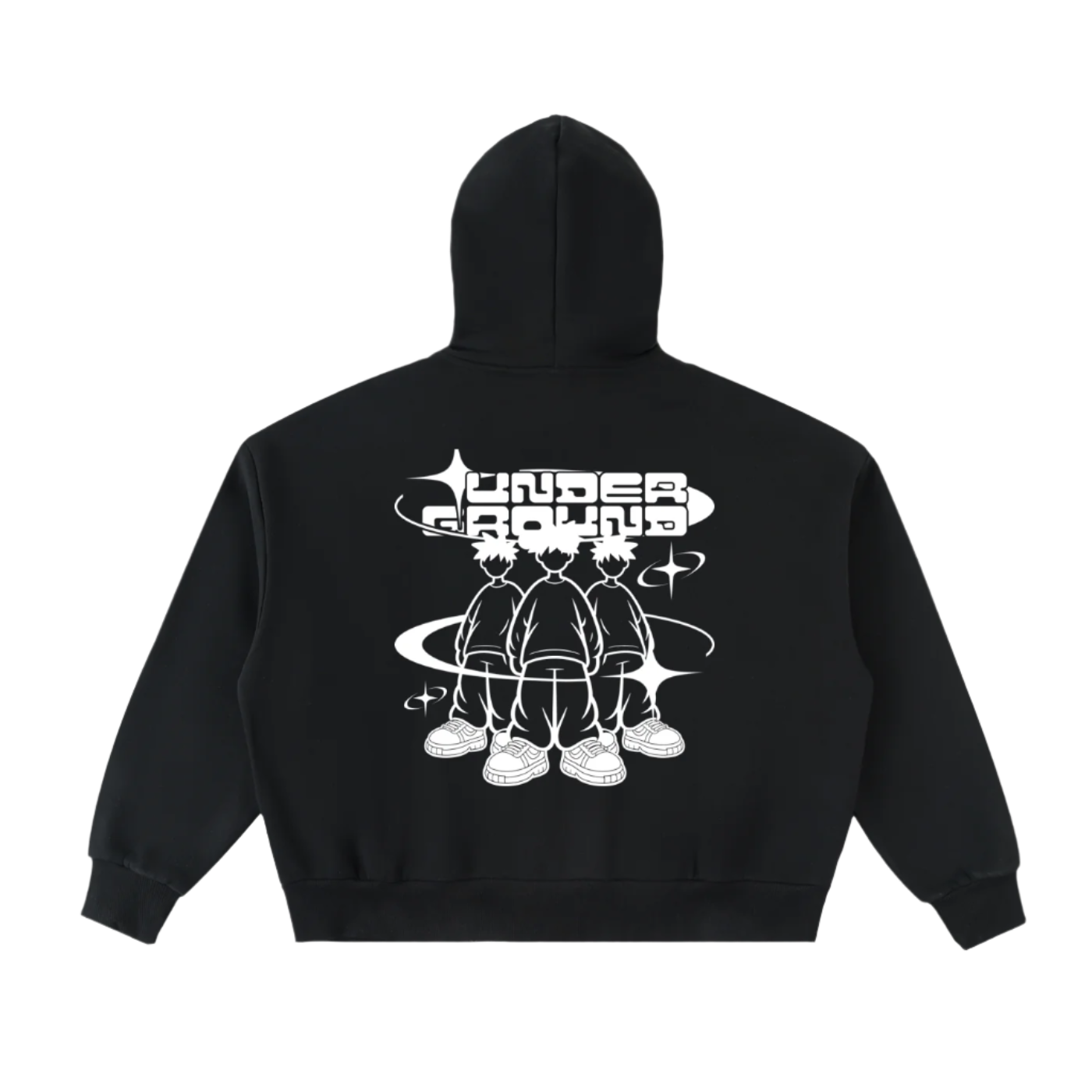 Black hoodie with white graphic design on the back against a white background