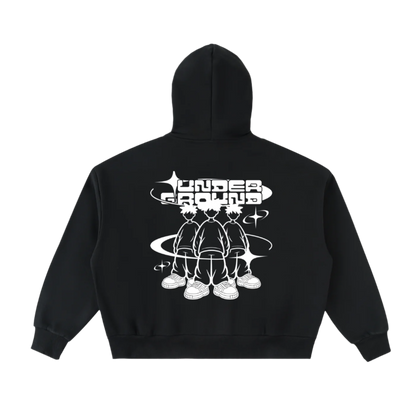 Black hoodie with white graphic design on the back against a white background