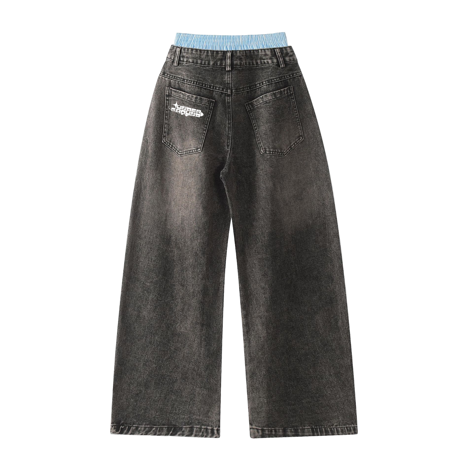 Black jeans with a brand logo on the back pocket against a white background