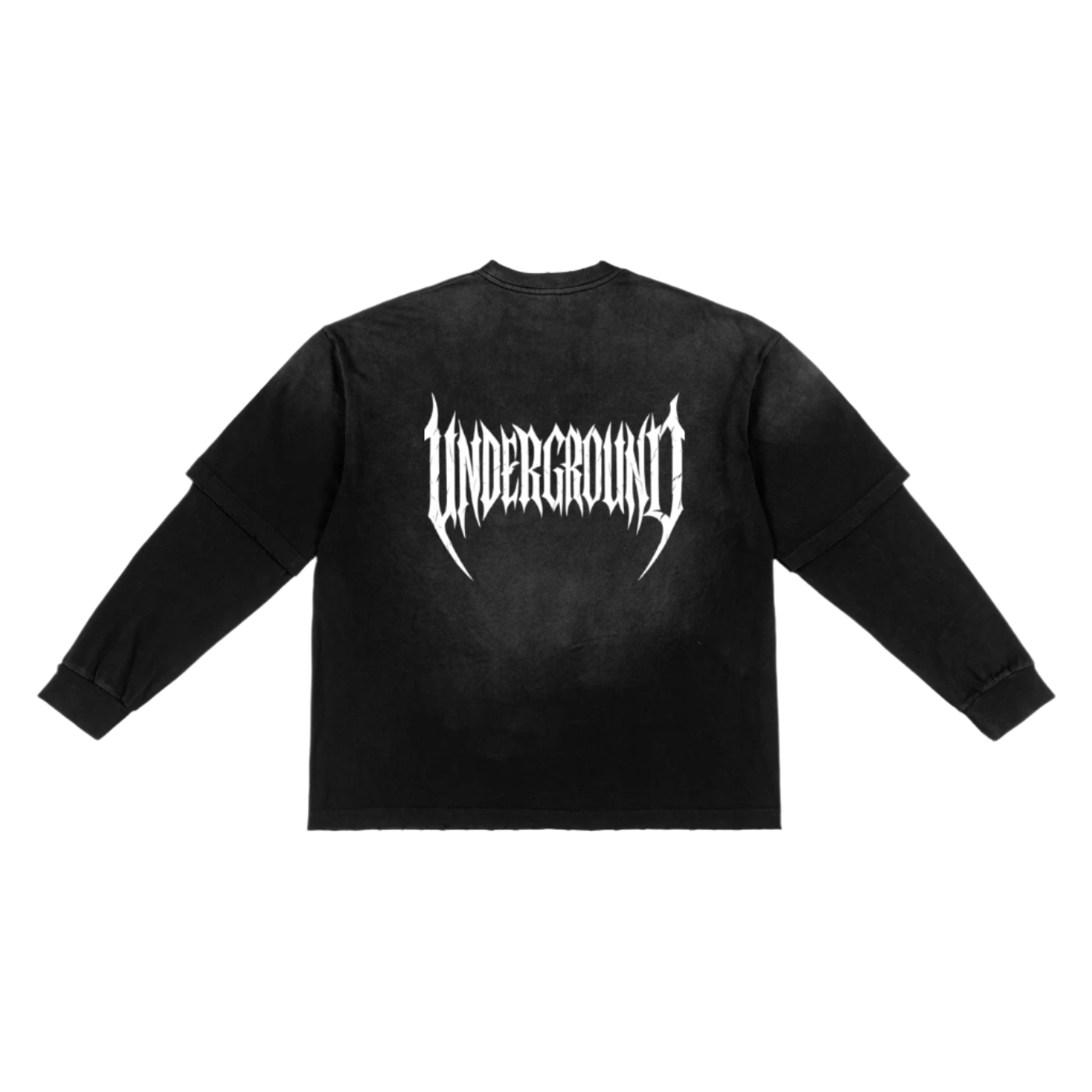 Black long-sleeve shirt with 'Underground' text on the back against a white background