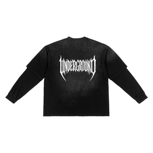 Black long-sleeve shirt with 'Underground' text on the back against a white background
