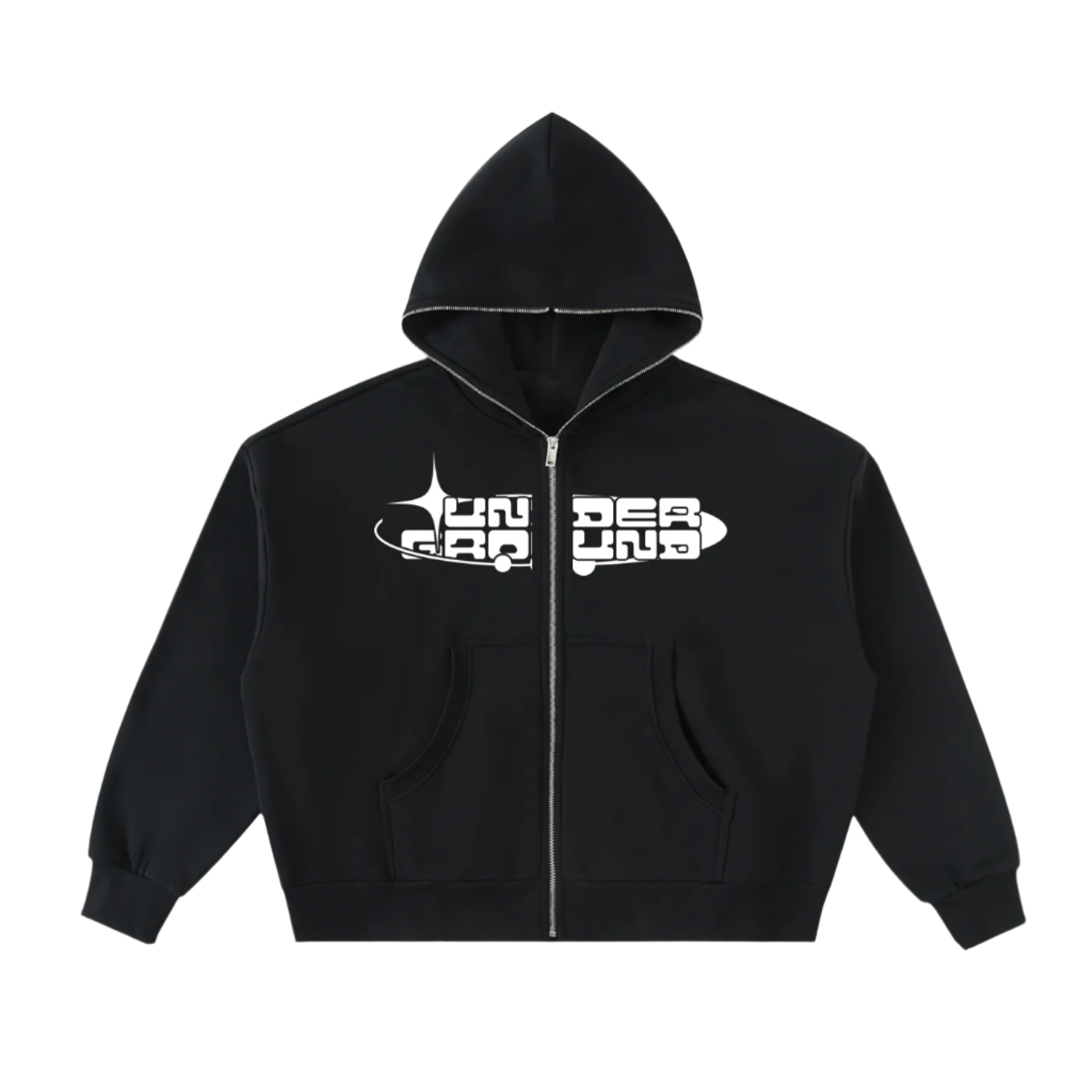 Black hoodie with white graphic design on a white background