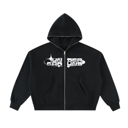 Black hoodie with white graphic design on a white background