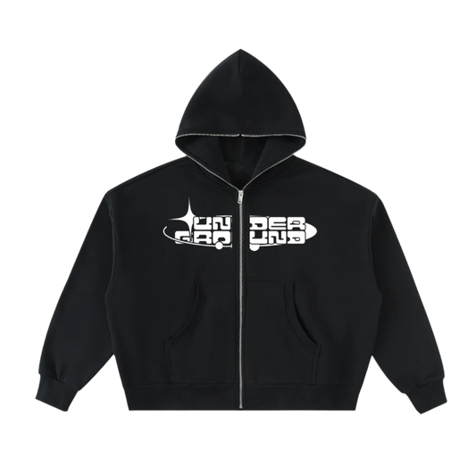 Black hoodie with white graphic design on a white background
