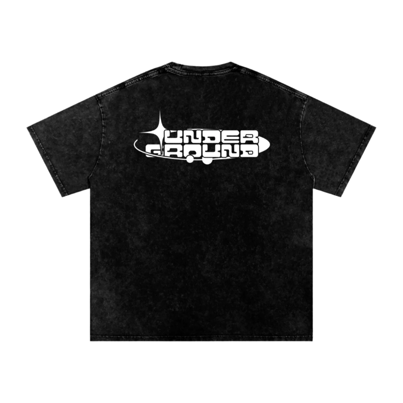 Black t-shirt with a white logo on the back against a white background