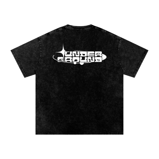 Black t-shirt with a white logo on the back against a white background