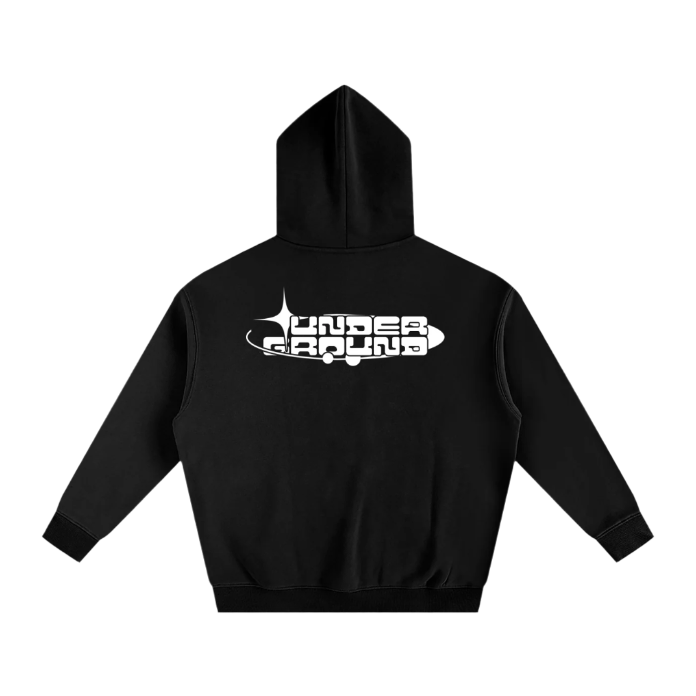Black hoodie with a white logo on the back against a white background
