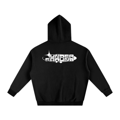 Black hoodie with a white logo on the back against a white background