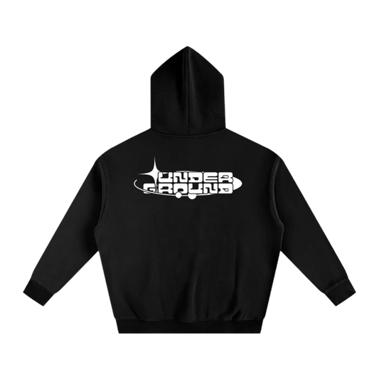 Black hoodie with a white logo on the back against a white background