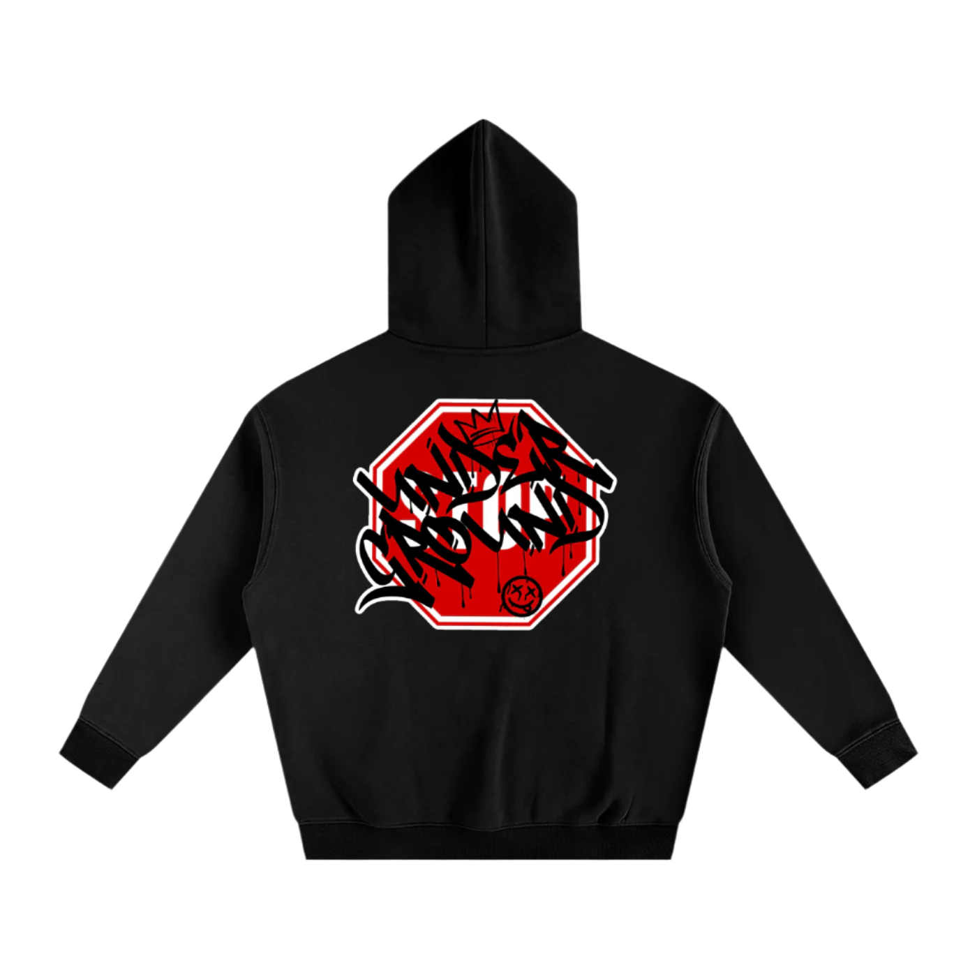 Black hoodie with a red and white graphic on the back against a white background