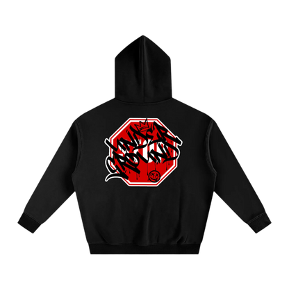 Black hoodie with a red and white graphic on the back against a white background