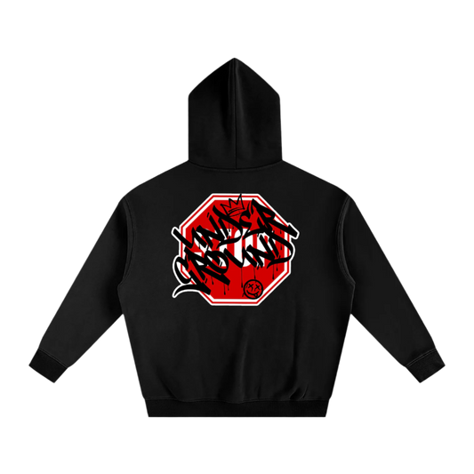 Black hoodie with a red and white graphic on the back against a white background