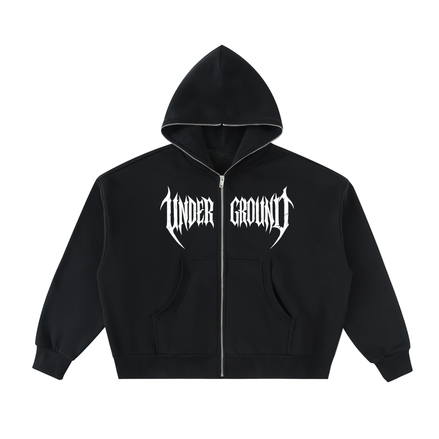 Black hoodie with 'Under Ground' text on a white background
