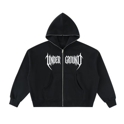 Black hoodie with 'Under Ground' text on a white background