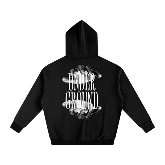 Black hoodie with 'Under Ground' graphic on the back against a white background