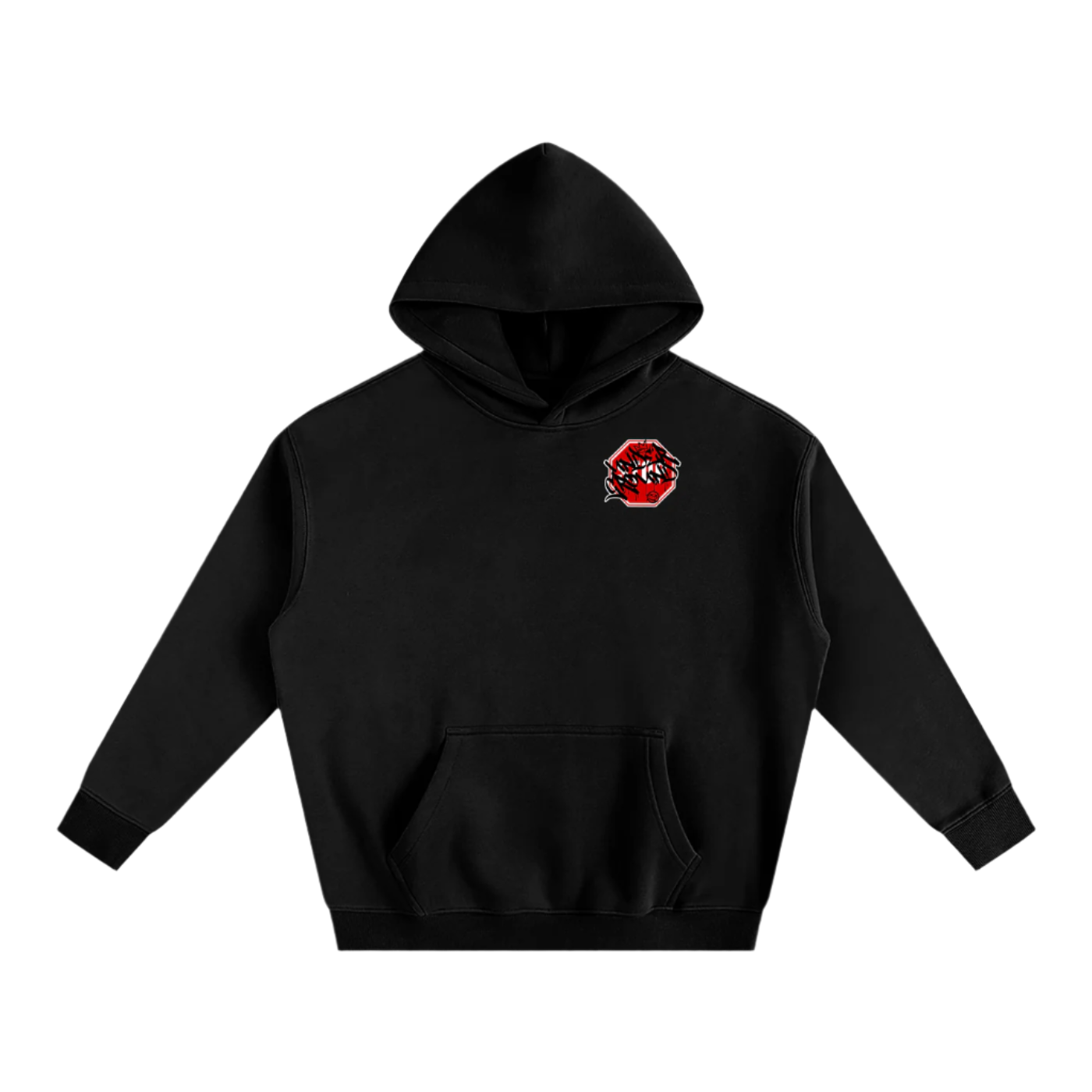 Black hoodie with a red and white logo on a white background
