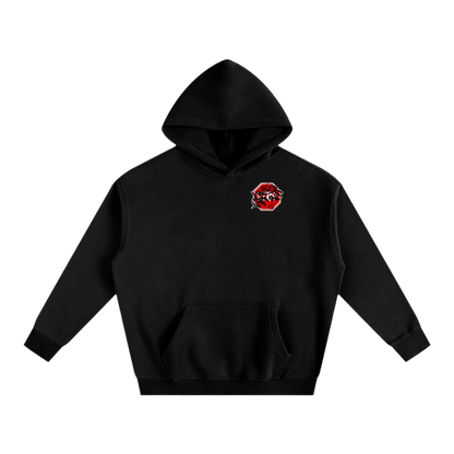 Black hoodie with a red and white logo on a white background