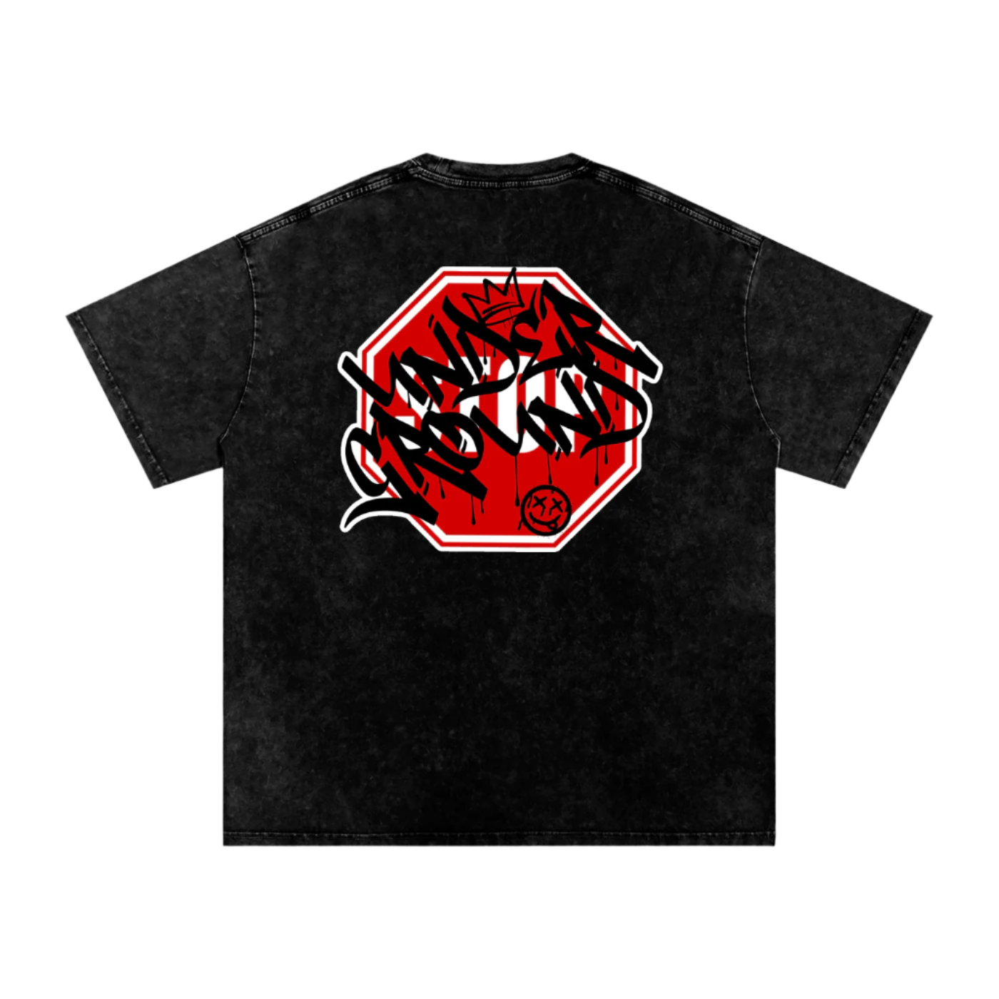 Black t-shirt with a red and white graphic design on the back against a white background