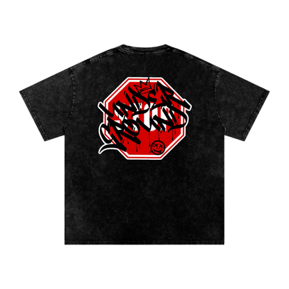 Black t-shirt with a red and white graphic design on the back against a white background