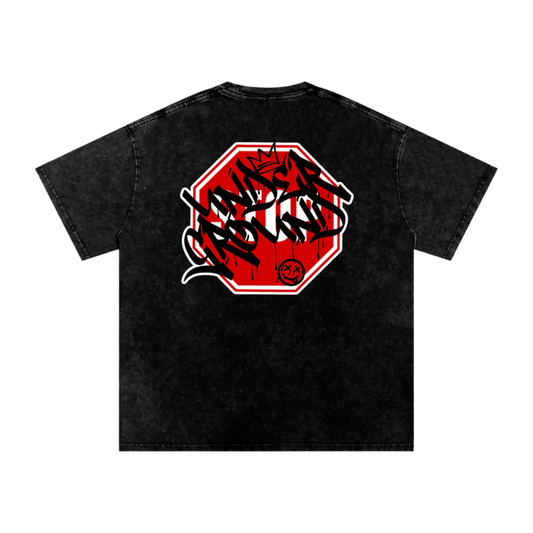 Black t-shirt with a red and white graphic design on the back against a white background