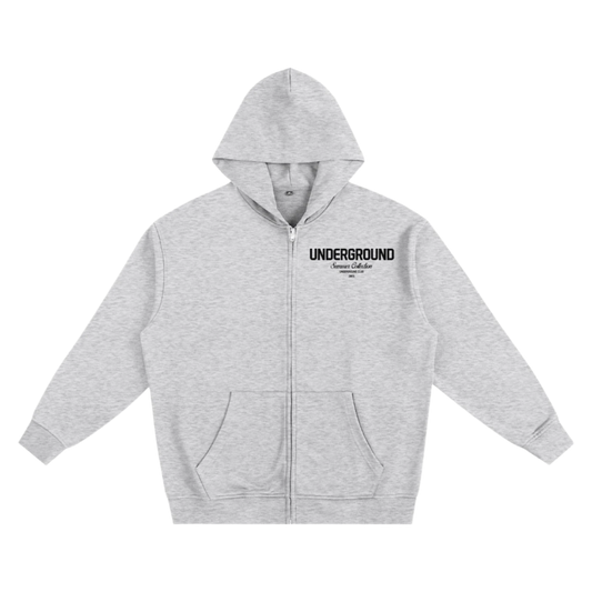 Gray hoodie with 'Underground' text on a white background